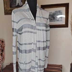 Merona Striped Gray and White Light Weight Cardigan With Pockets